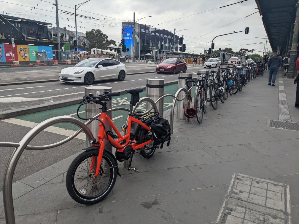 Ebike parked outside Flinders Street Station