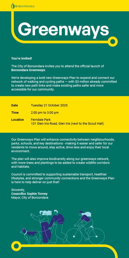 Invitation Boroondara Greenways launch Tuesday 21 October 2025